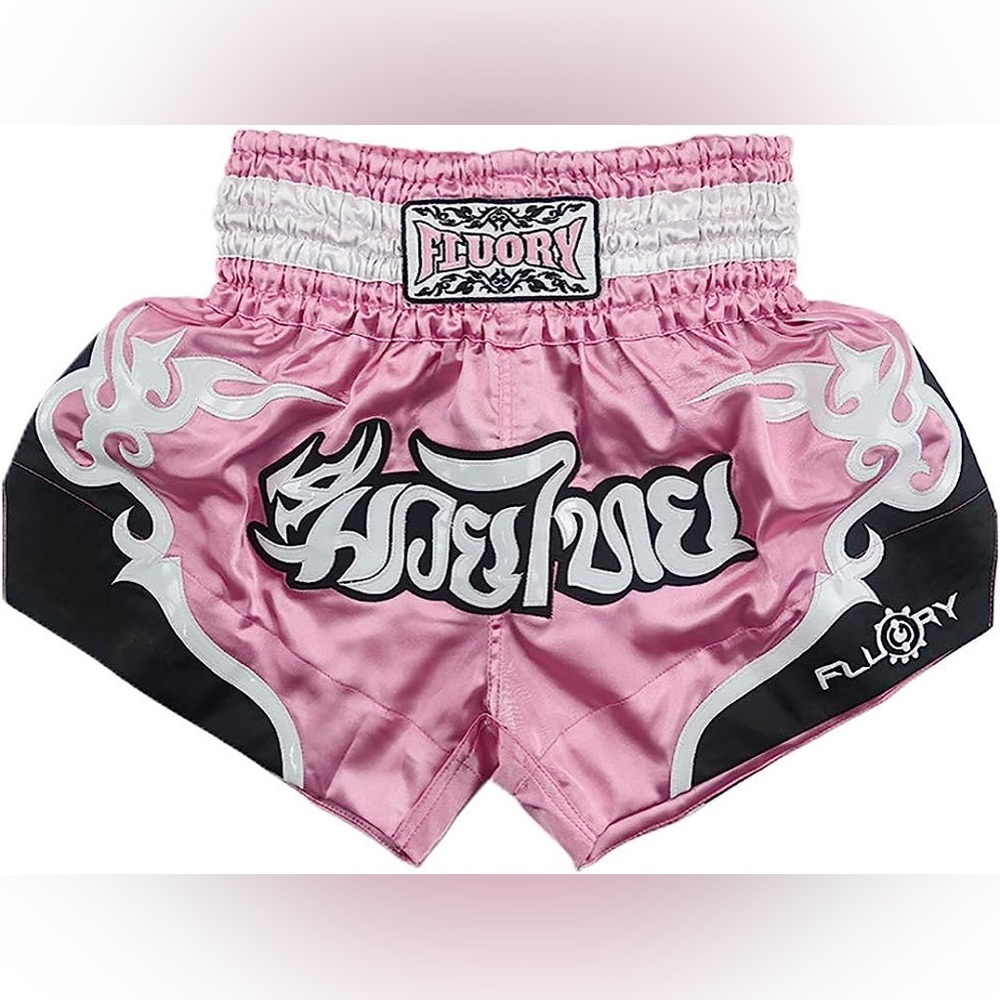 Pastel pink and black FLUORY Muay Thai mma fight shorts